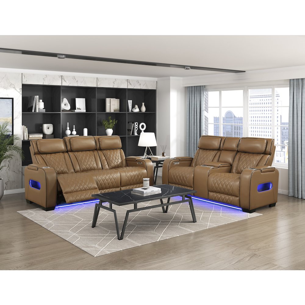 Fairway Faux Leather Power Double Reclining Love Seat in Brown. Picture 5