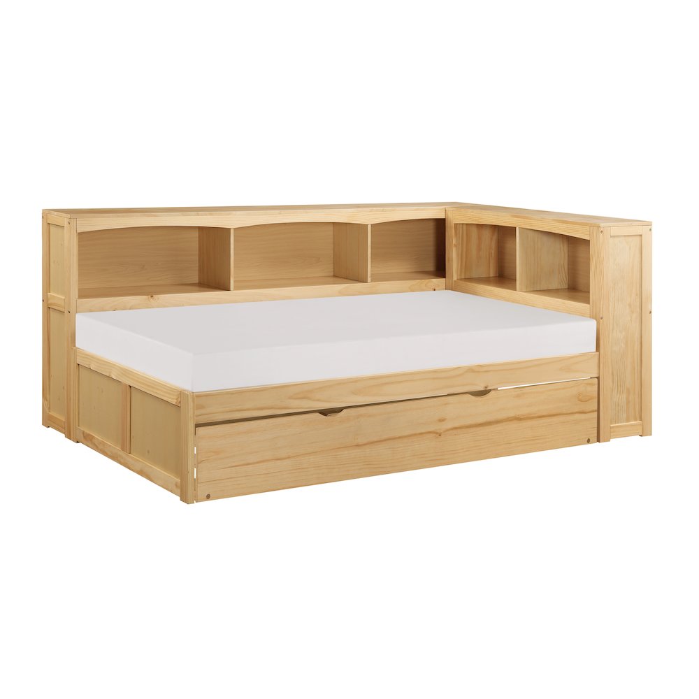 Bartly Pine Twin Bookcase Corner Bed with Twin Trundle in Natural Pine. Picture 1