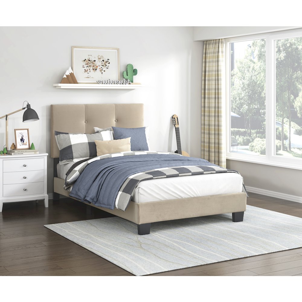 Newberry Velvet Twin Platform Bed in Light Brown. Picture 3