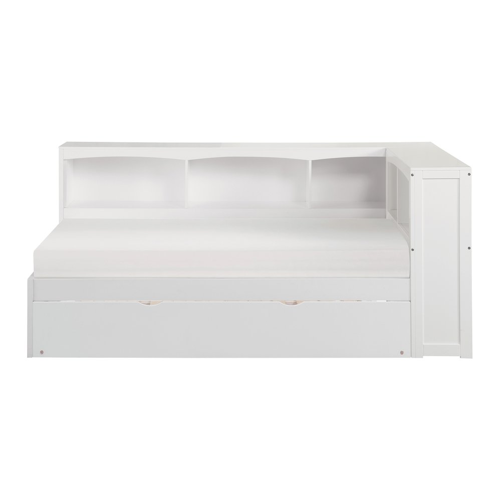 Galen Pine Twin Bookcase Corner Bed with Twin Trundle in White. Picture 3