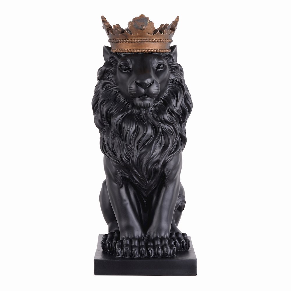 14.5" H Black Sitting Lion Gold Crown Resin Statue Statue Home Décor. Picture 1