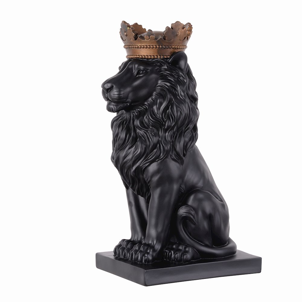 14.5" H Black Sitting Lion Gold Crown Resin Statue Statue Home Décor. Picture 4