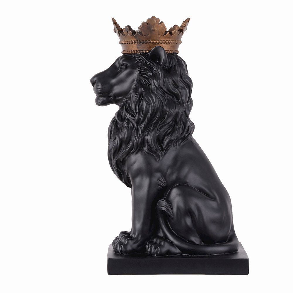 14.5" H Black Sitting Lion Gold Crown Resin Statue Statue Home Décor. Picture 5