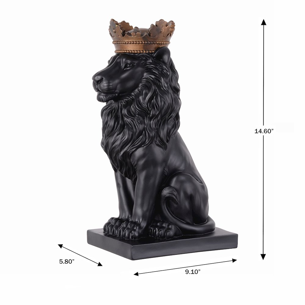 14.5" H Black Sitting Lion Gold Crown Resin Statue Statue Home Décor. Picture 3