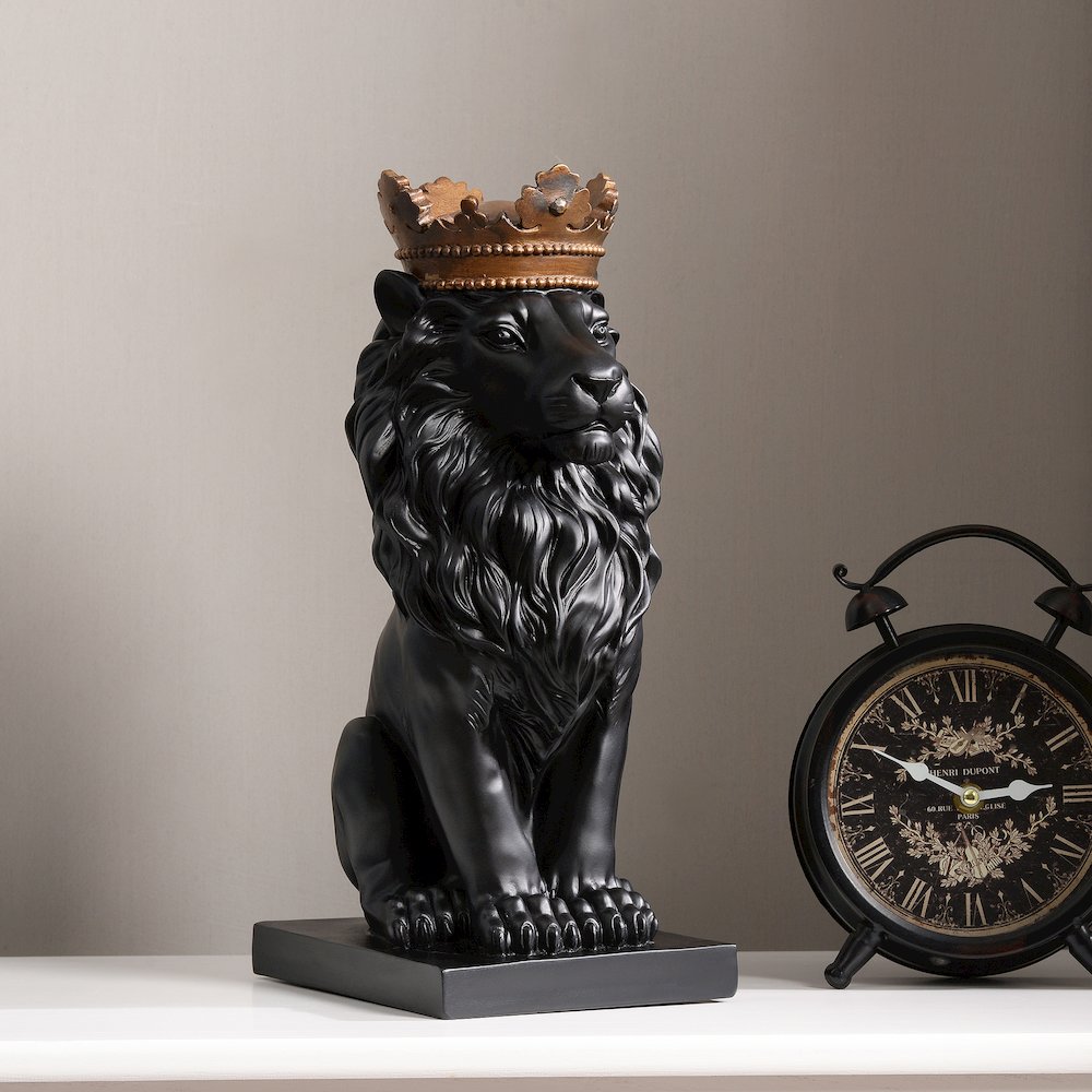 14.5" H Black Sitting Lion Gold Crown Resin Statue Statue Home Décor. Picture 2