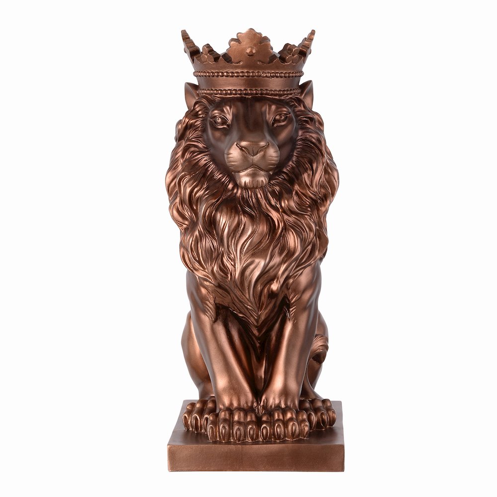 14.5" H Sitting Lion Crown Bronze Color Resin Statue Home Decor. Picture 1