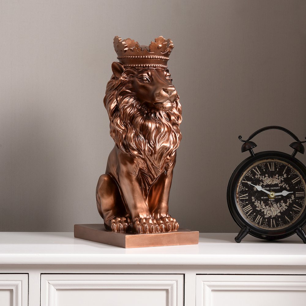 14.5" H Sitting Lion Crown Bronze Color Resin Statue Home Decor. Picture 2