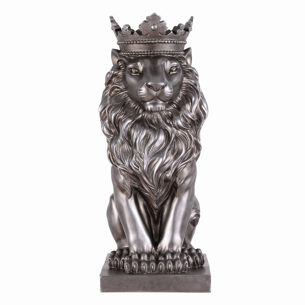 14.5" H Sitting Lion Crown Silver Color Resin Statue Home Décor. Picture 1