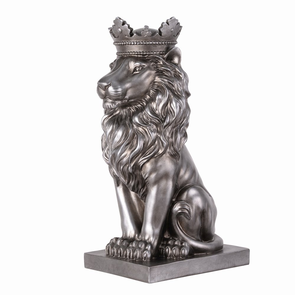 14.5" H Sitting Lion Crown Silver Color Resin Statue Home Décor. Picture 4