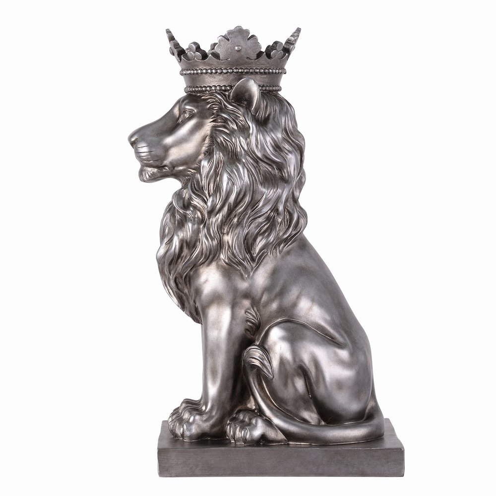 14.5" H Sitting Lion Crown Silver Color Resin Statue Home Décor. Picture 5
