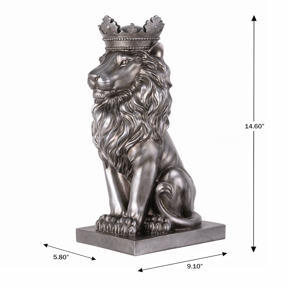14.5" H Sitting Lion Crown Silver Color Resin Statue Home Décor. Picture 3
