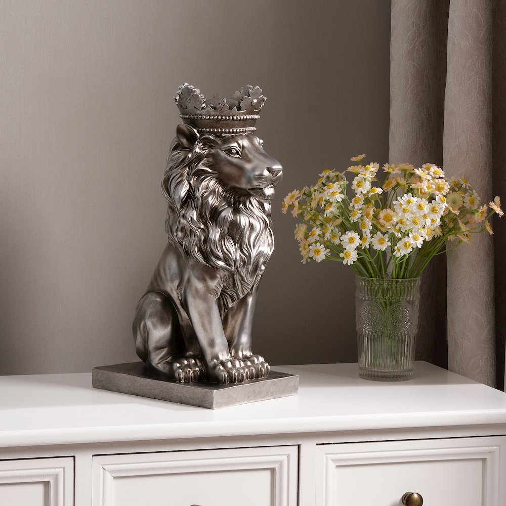 14.5" H Sitting Lion Crown Silver Color Resin Statue Home Décor. Picture 2