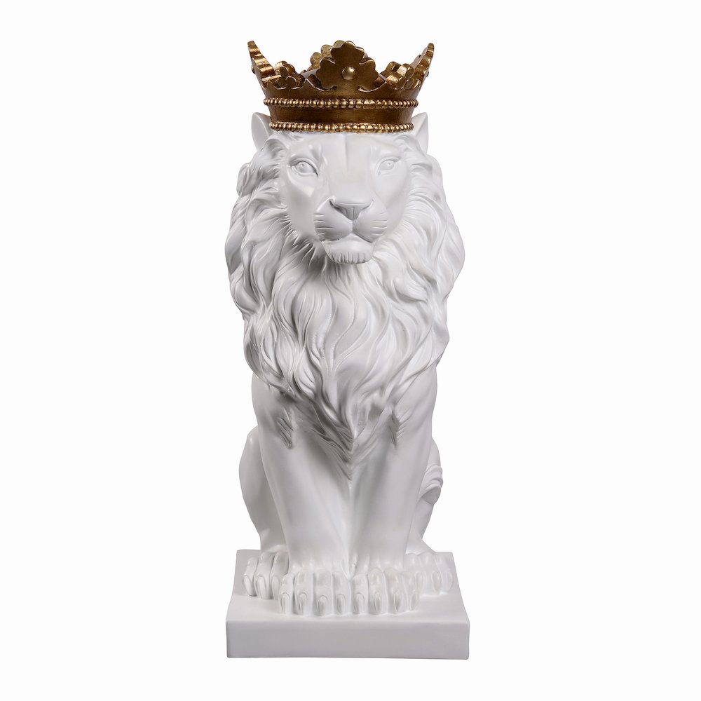 14.5" H White Sitting Lion Gold Crown Resin Statue Home Decor. Picture 1