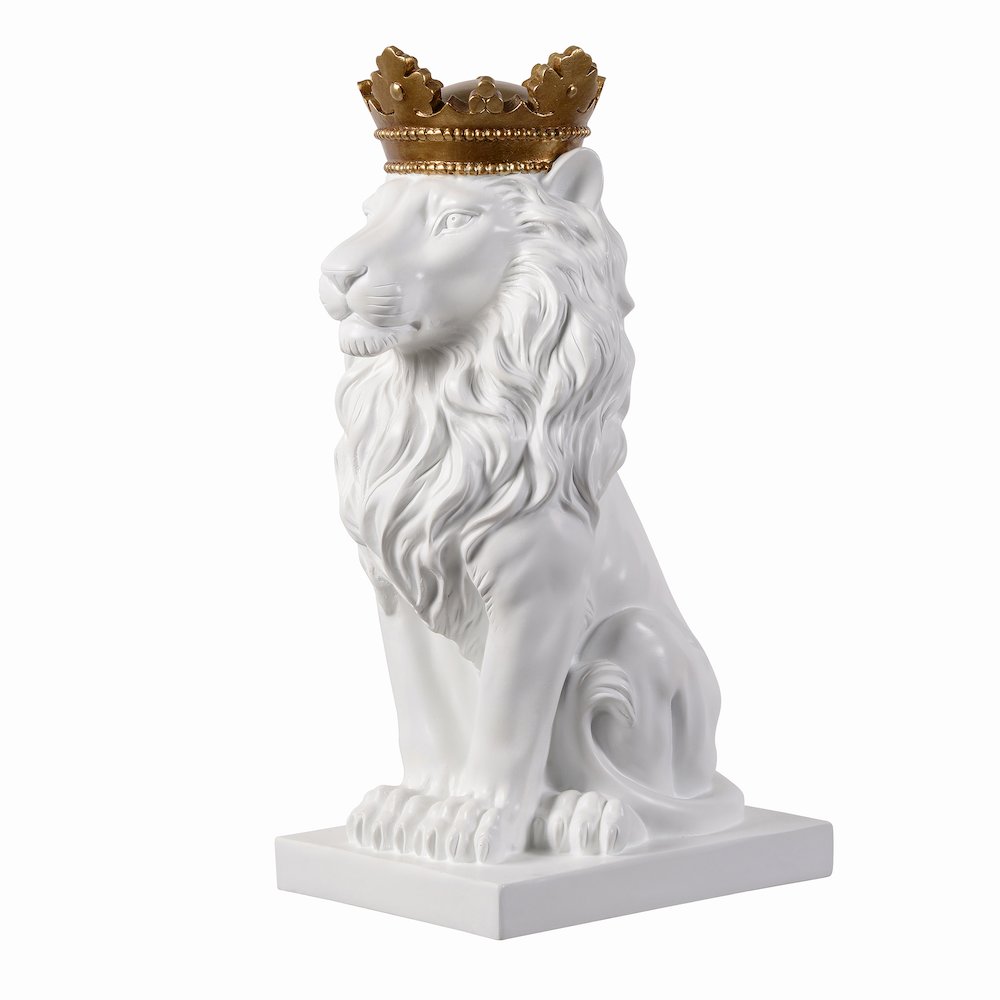 14.5" H White Sitting Lion Gold Crown Resin Statue Home Decor. Picture 4