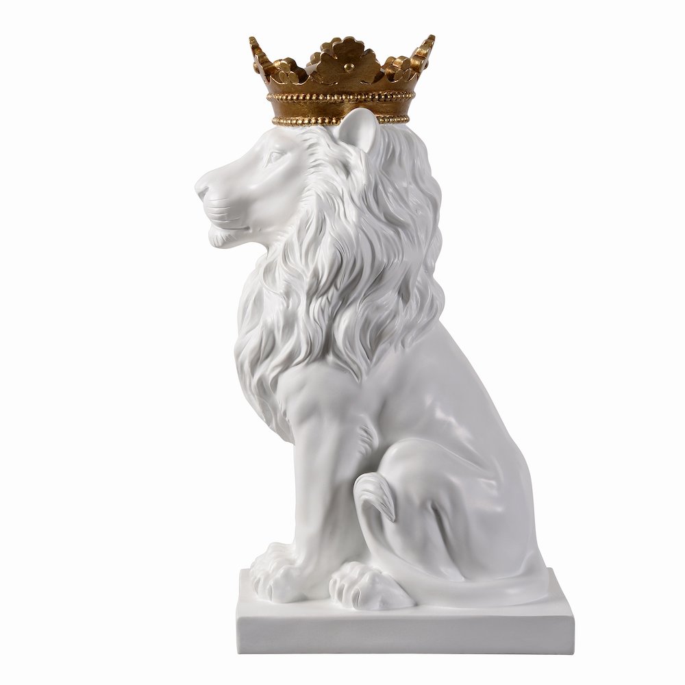 14.5" H White Sitting Lion Gold Crown Resin Statue Home Decor. Picture 5