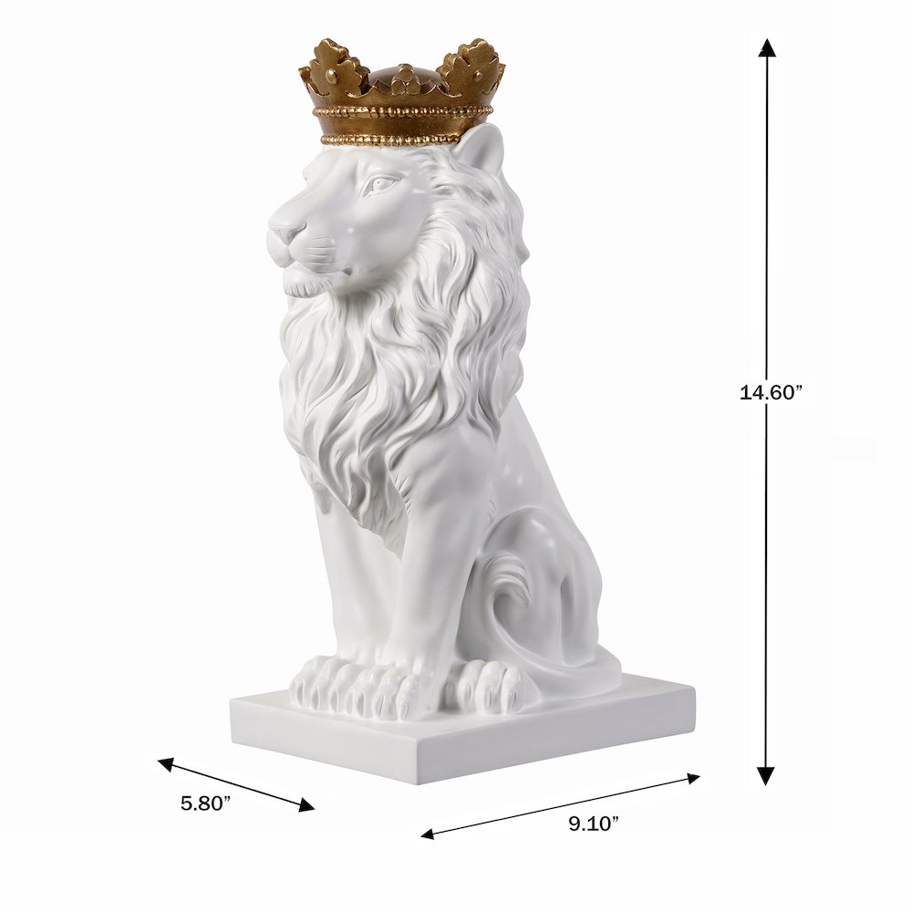 14.5" H White Sitting Lion Gold Crown Resin Statue Home Decor. Picture 3
