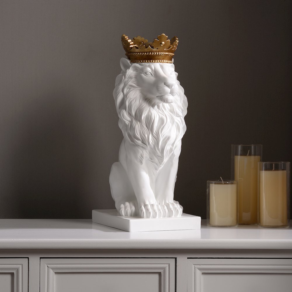 14.5" H White Sitting Lion Gold Crown Resin Statue Home Decor. Picture 2