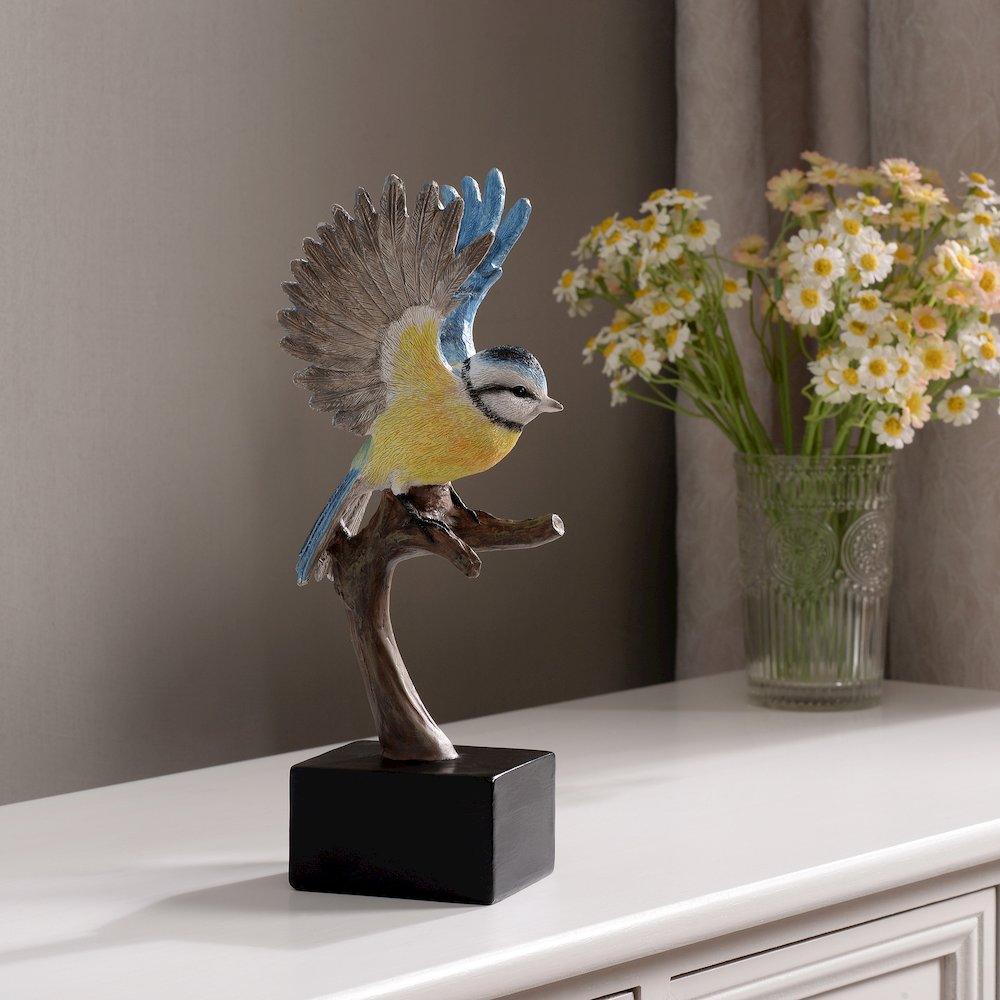 Blue Tit On Branch Lifelike Resin Bird Home Tabletop Decor. Picture 2