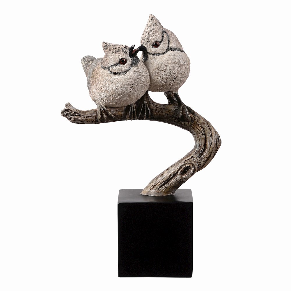 Couple Crested Tit On Branch Lifelike Bird Resin Home Tabletop Decor. Picture 1