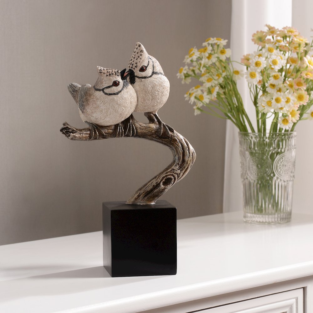 Couple Crested Tit On Branch Lifelike Bird Resin Home Tabletop Decor. Picture 2