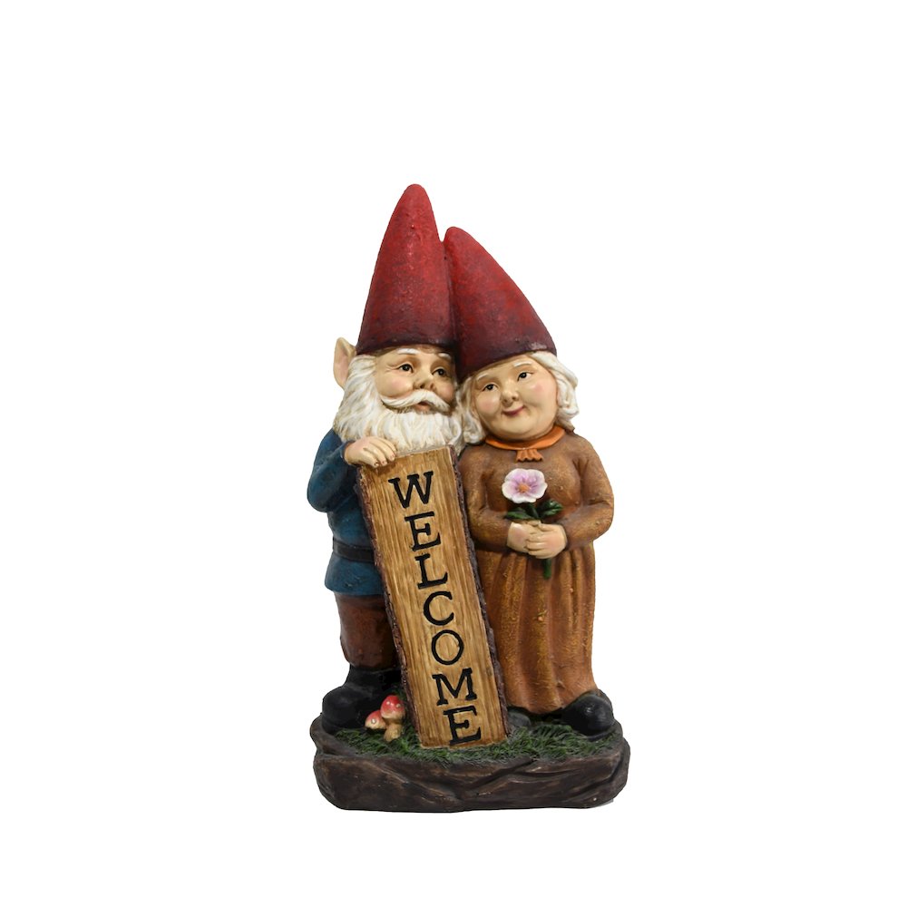 Robert & Sofia Standing Gnome Couple with Welcome Sign. Picture 1