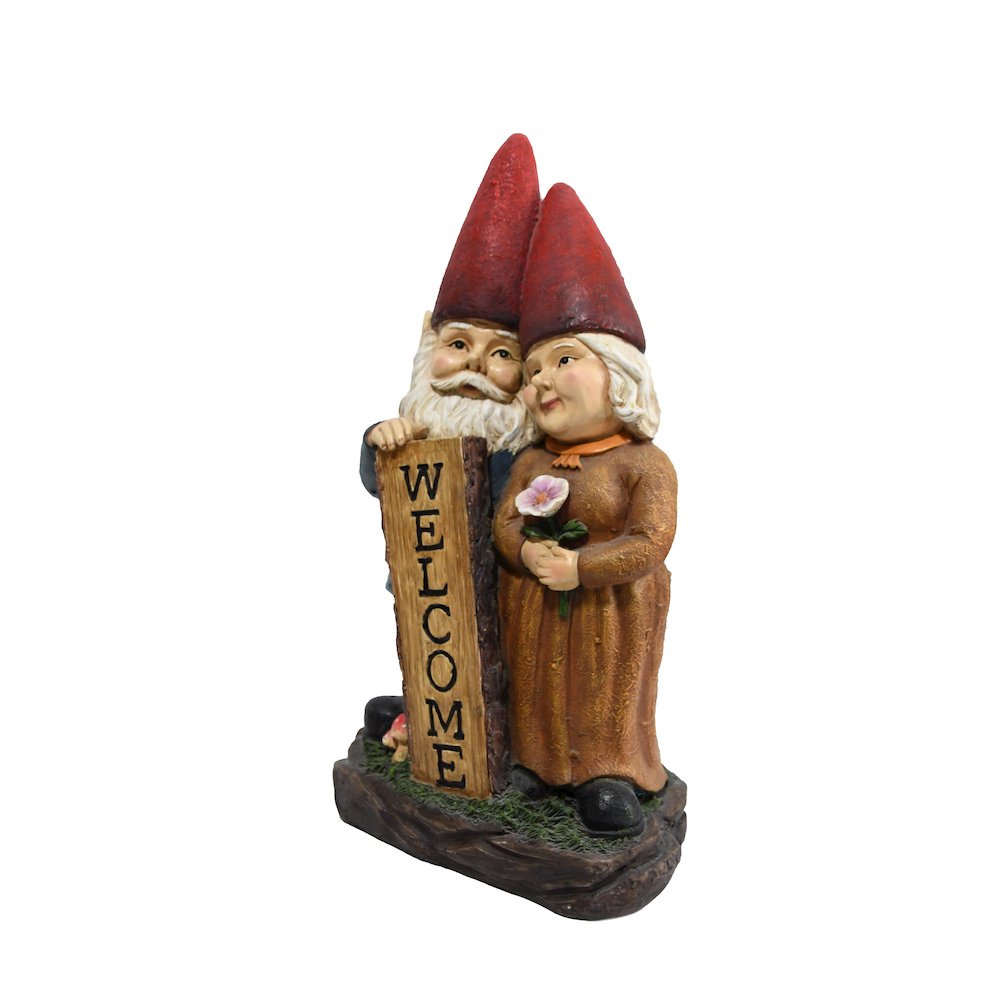 Robert & Sofia Standing Gnome Couple with Welcome Sign. Picture 4
