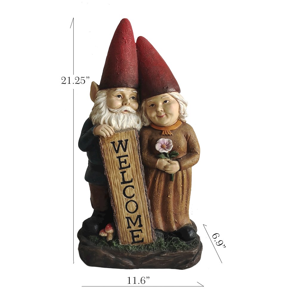 Robert & Sofia Standing Gnome Couple with Welcome Sign. Picture 3