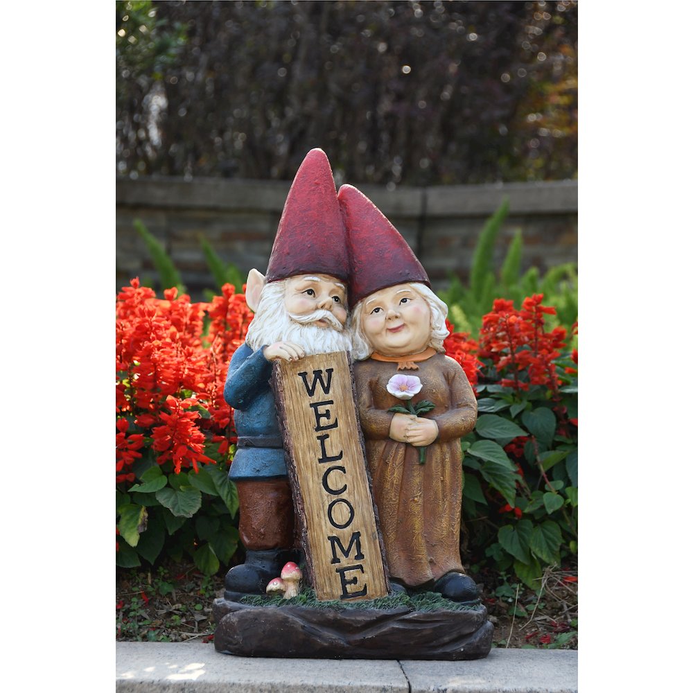 Robert & Sofia Standing Gnome Couple with Welcome Sign. Picture 2