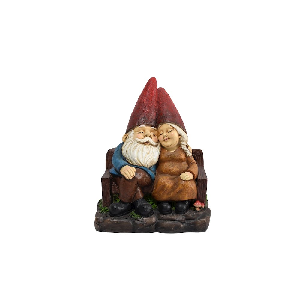 Whimsical Serenity: Robert & Sofia Gnome Couple on Bench, Eyes Closed in Love. Picture 1