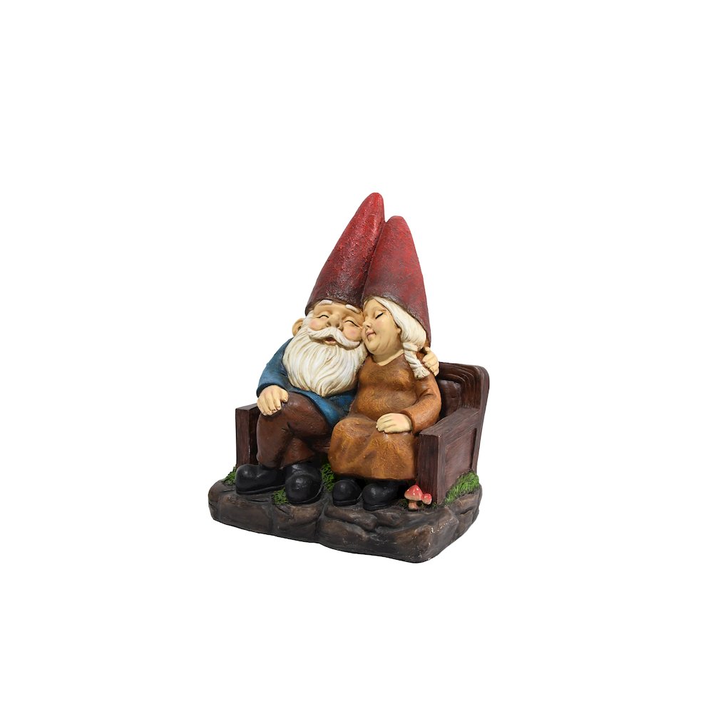 Whimsical Serenity: Robert & Sofia Gnome Couple on Bench, Eyes Closed in Love. Picture 4