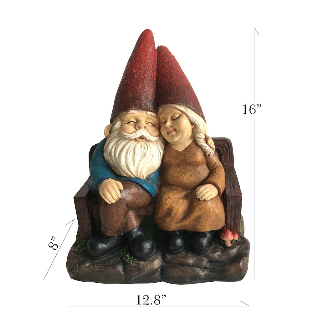 Whimsical Serenity: Robert & Sofia Gnome Couple on Bench, Eyes Closed in Love. Picture 3
