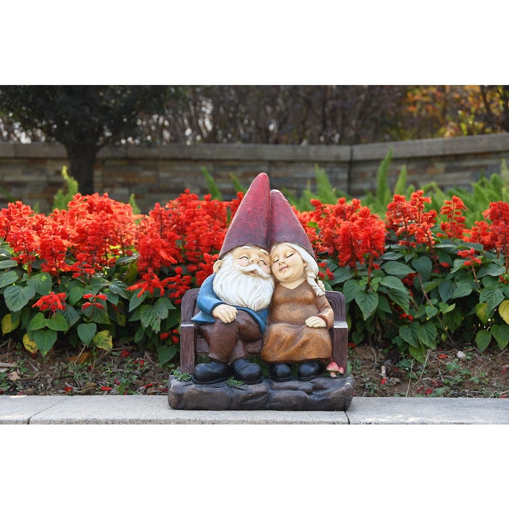 Whimsical Serenity: Robert & Sofia Gnome Couple on Bench, Eyes Closed in Love. Picture 2