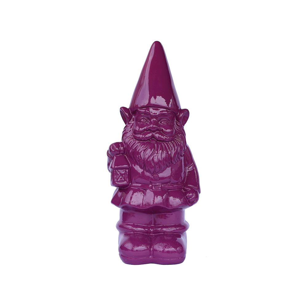 Garden Gnome Statue Holding Lantern-Purple. Picture 1