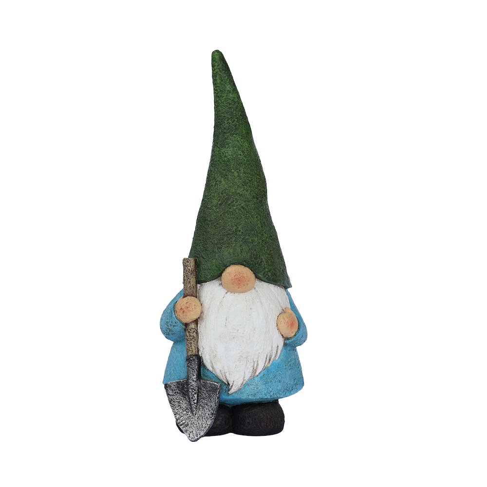 16in Garden Gnome Statue Holding Shovel. Picture 1