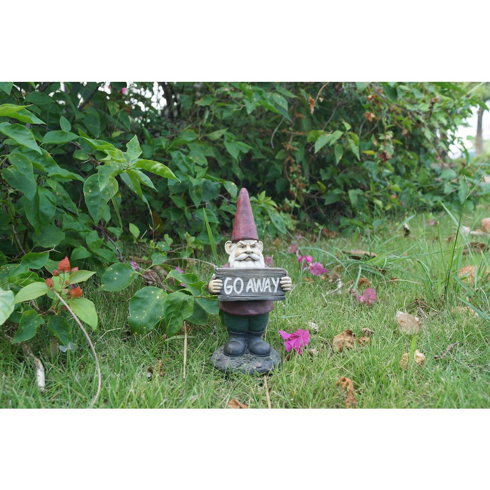 Gnome Holds Go Away Sign. Picture 5
