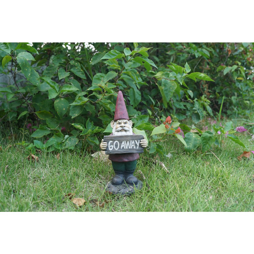 Gnome Holds Go Away Sign. Picture 4