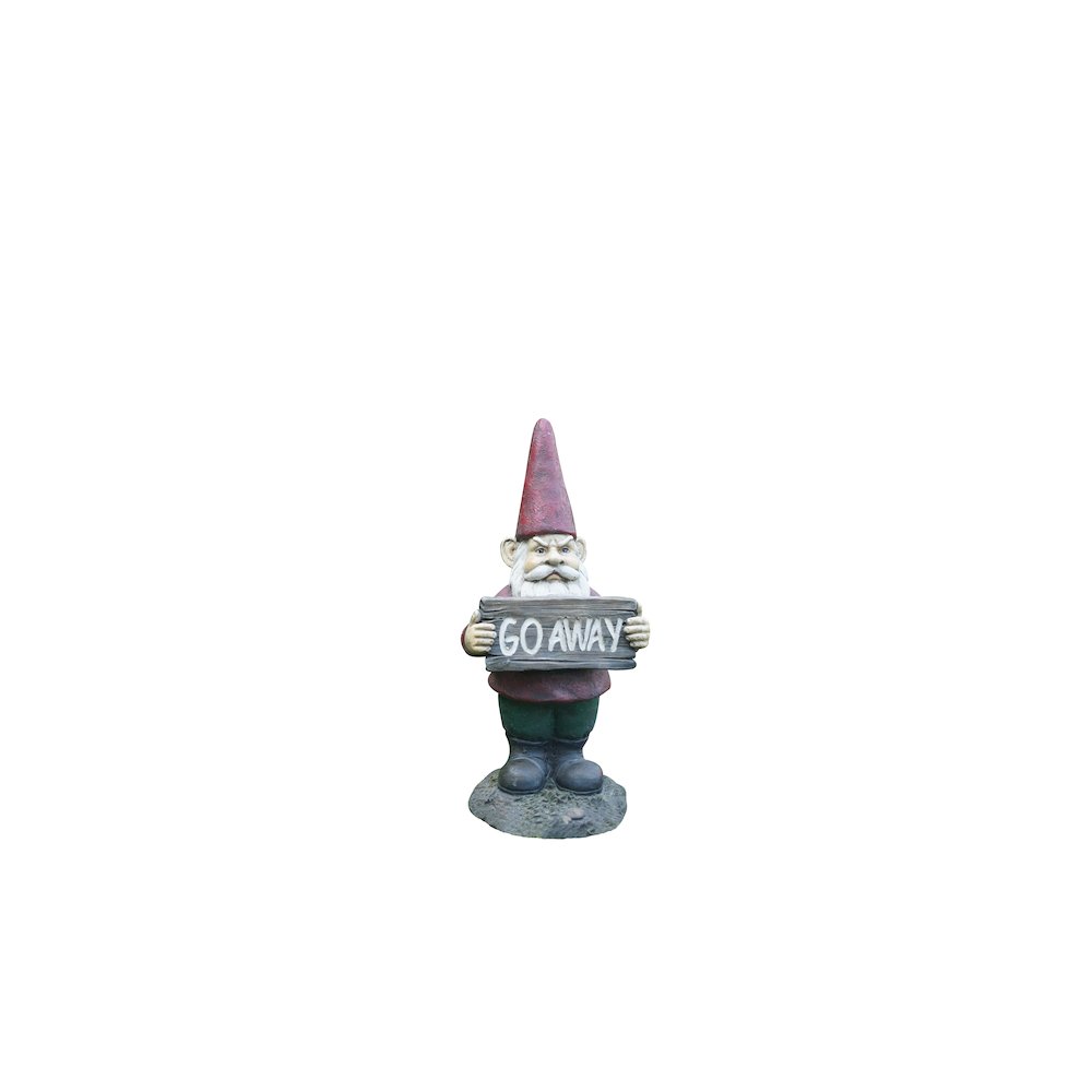 Gnome Holds Go Away Sign. Picture 1