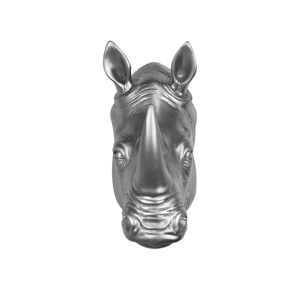 Rhinoceros Head Wall Mount Art Silver Color. Picture 1