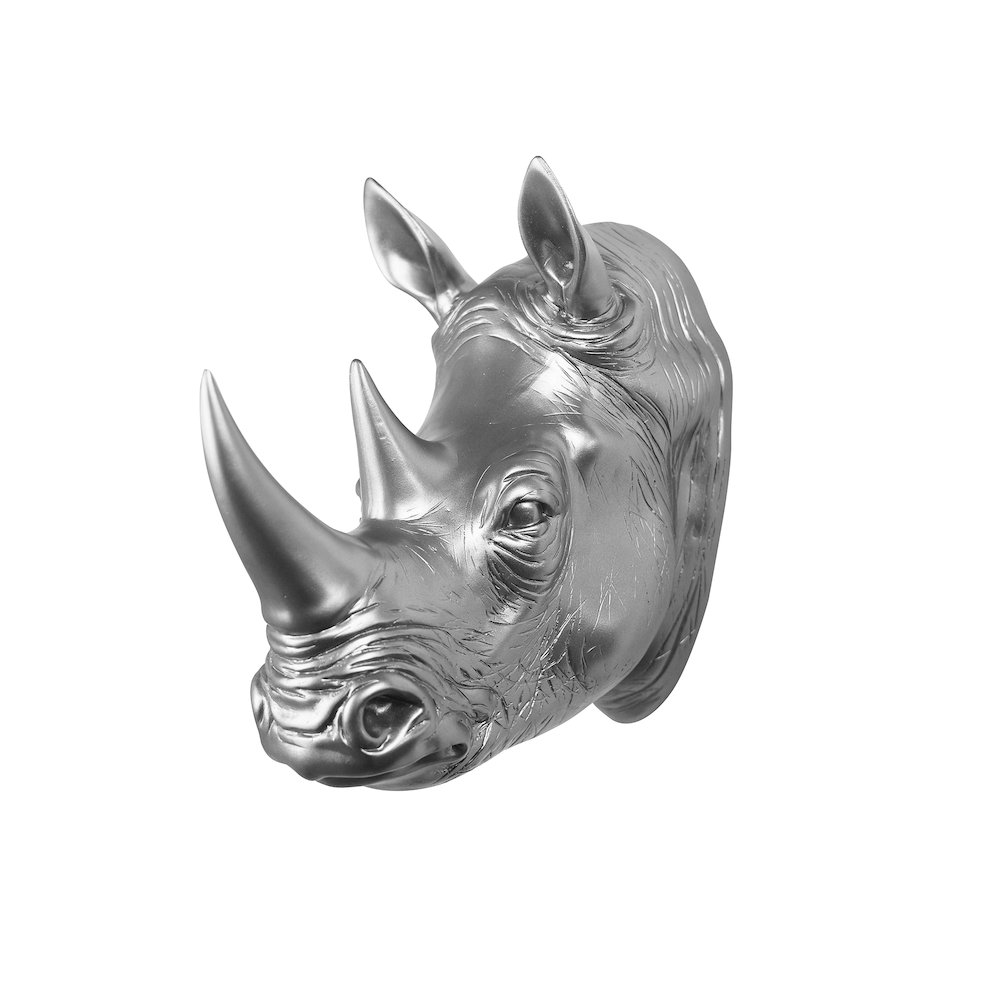 Rhinoceros Head Wall Mount Art Silver Color. Picture 4