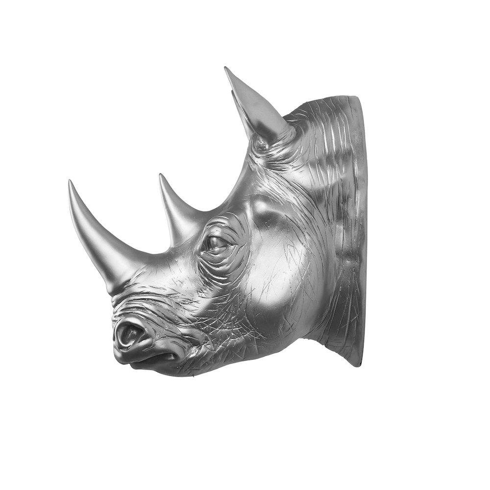 Rhinoceros Head Wall Mount Art Silver Color. Picture 5