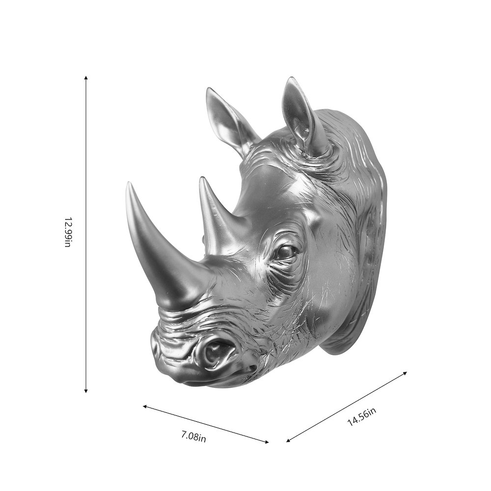 Rhinoceros Head Wall Mount Art Silver Color. Picture 3