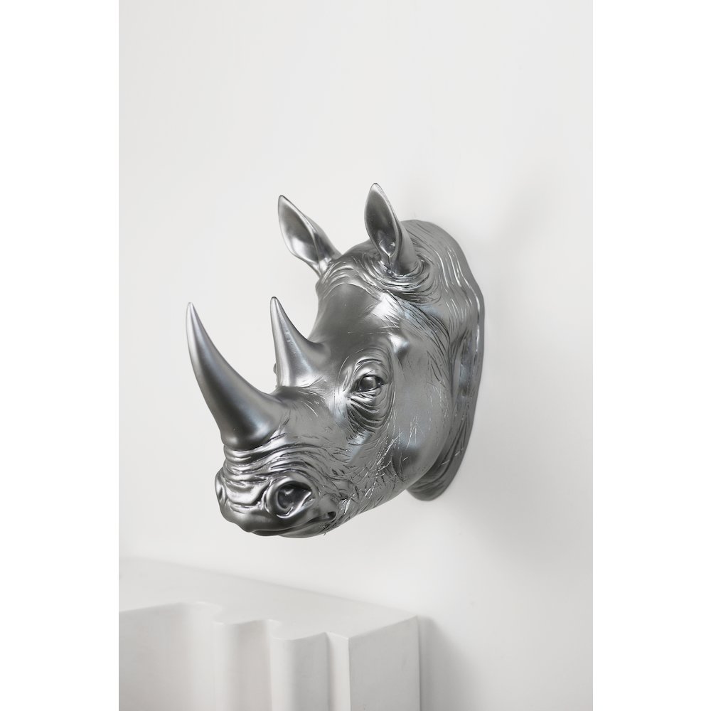 Rhinoceros Head Wall Mount Art Silver Color. Picture 2