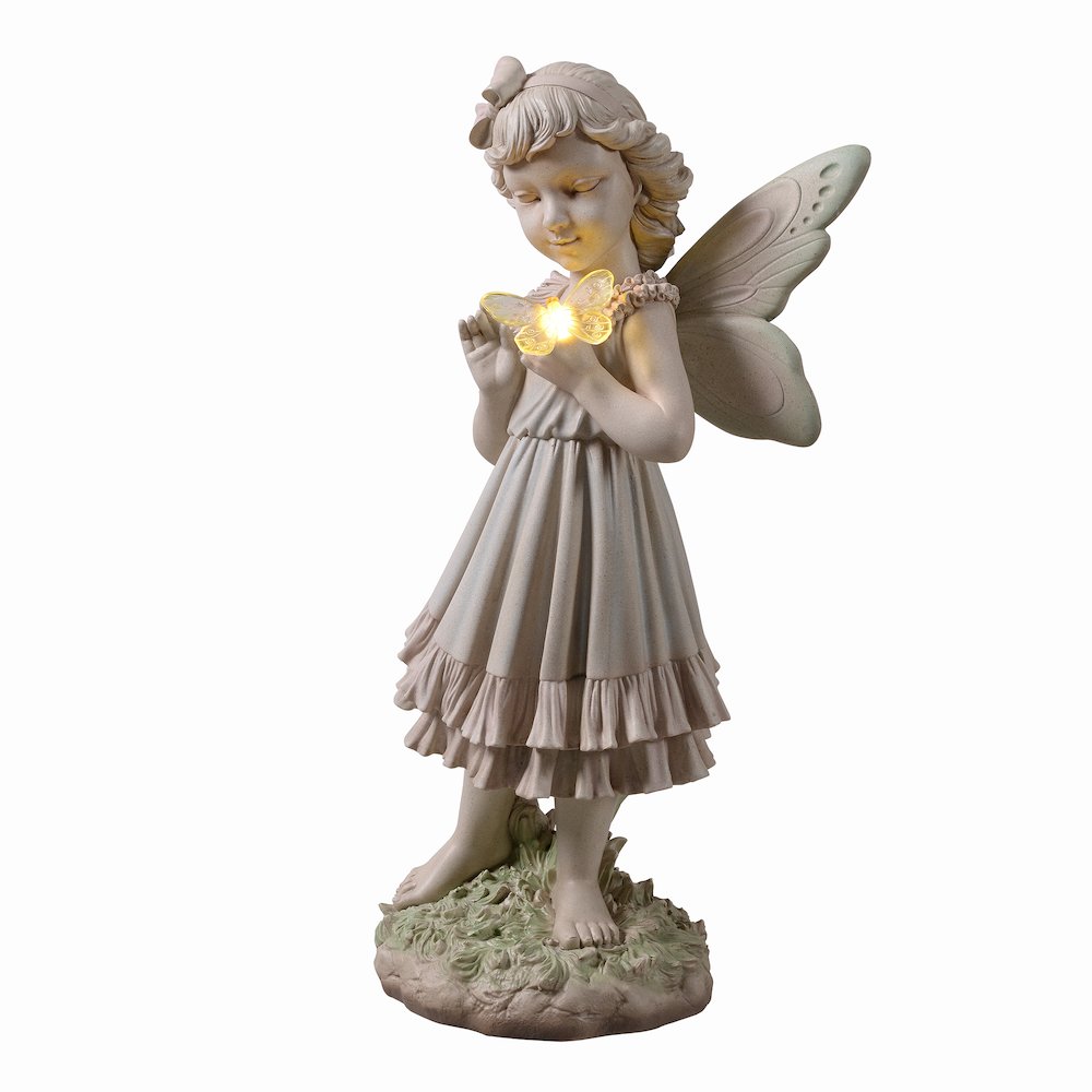 Girl Holding Butterfly Lighted Garden Statue Solar Powered LEDs. Picture 4
