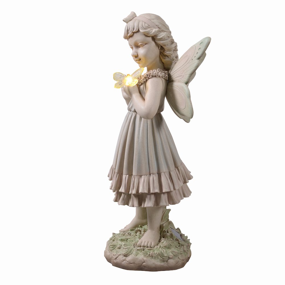 Girl Holding Butterfly Lighted Garden Statue Solar Powered LEDs. Picture 5