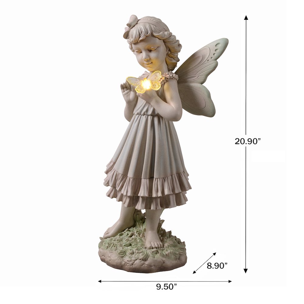 Girl Holding Butterfly Lighted Garden Statue Solar Powered LEDs. Picture 3