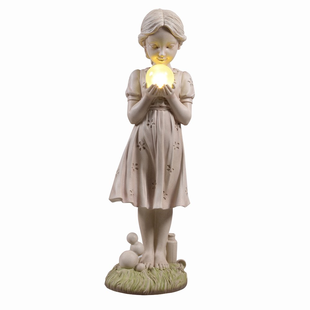Girl Holding Bubble Lighted Garden Statue Solar Powered LEDs. Picture 1