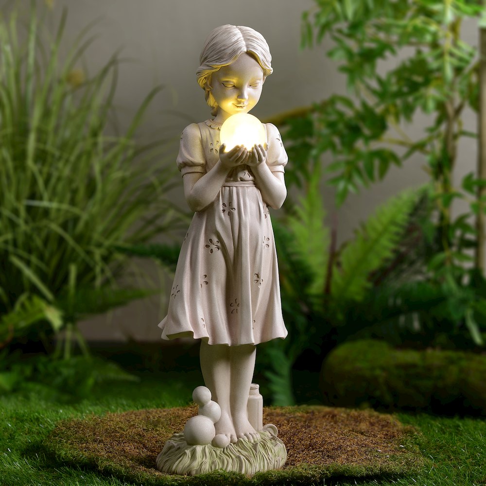 Girl Holding Bubble Lighted Garden Statue Solar Powered LEDs. Picture 2