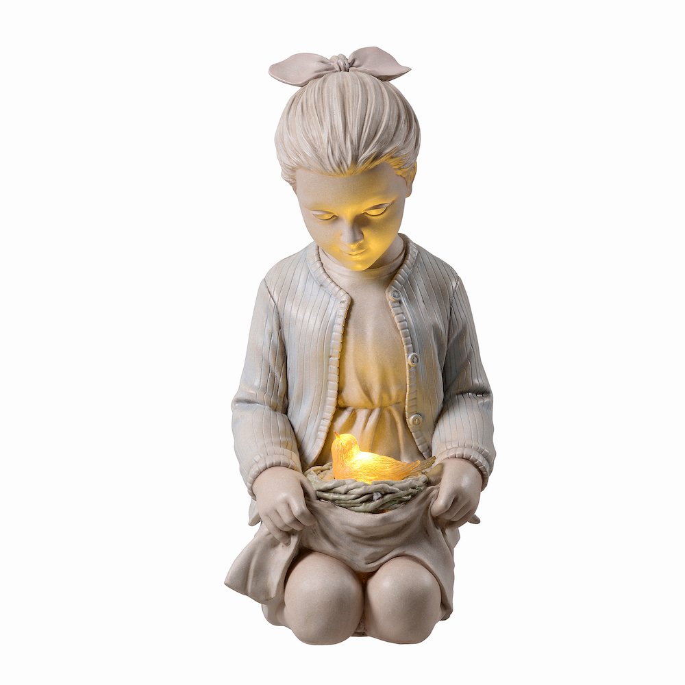 Sitting Girl  Bird Nest Lighted Garden Statue Solar Powered LEDs. Picture 1