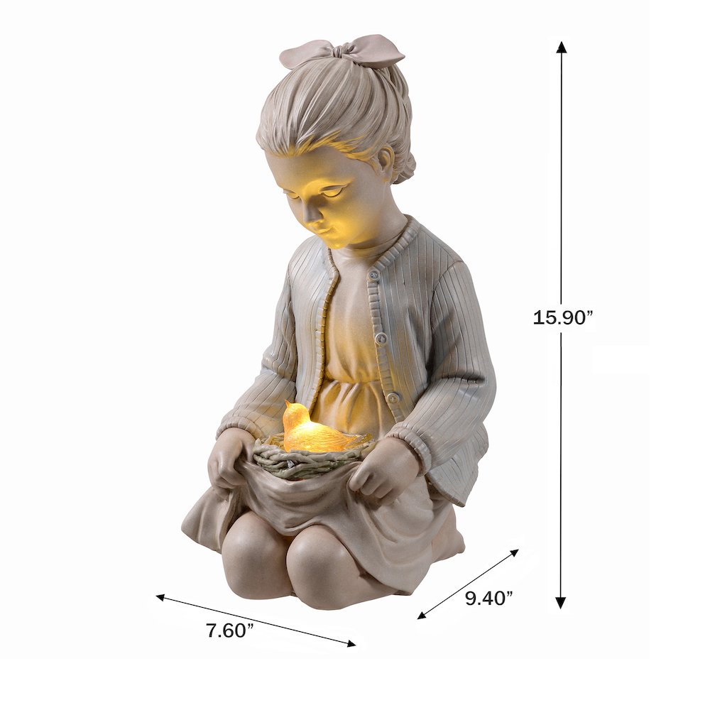 Sitting Girl  Bird Nest Lighted Garden Statue Solar Powered LEDs. Picture 3