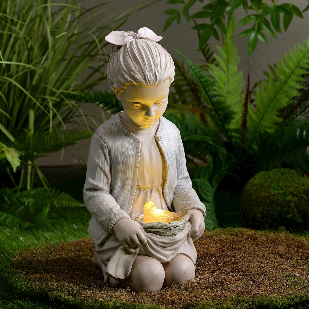 Sitting Girl  Bird Nest Lighted Garden Statue Solar Powered LEDs. Picture 2